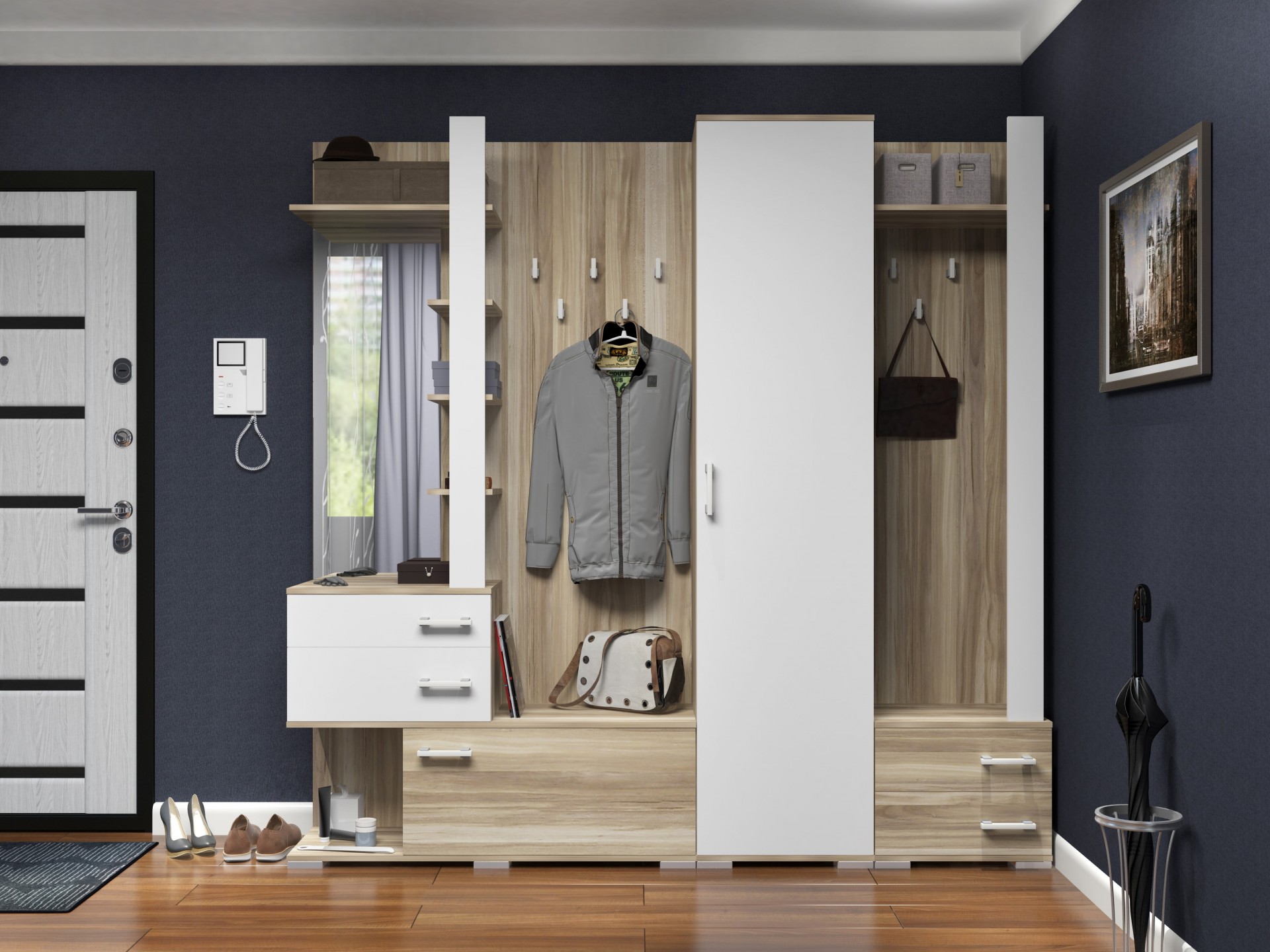 прихожая с паркетом и с покрашенной стеной